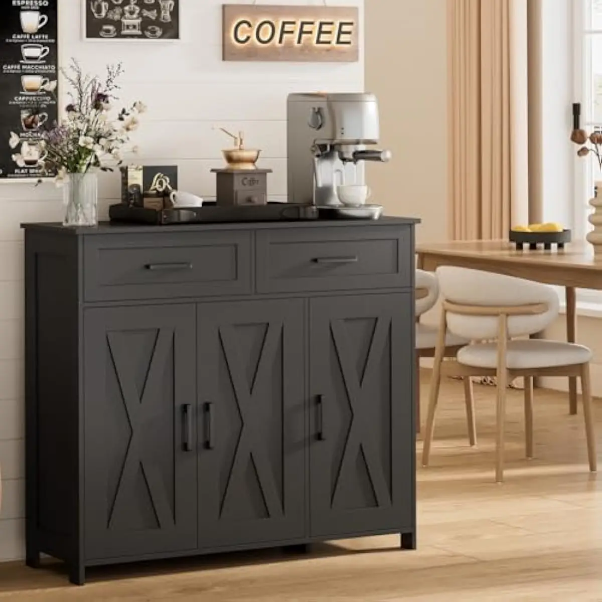 Coffee & Tea Maker Machine - Coffee Bar Storage Cabinet with Drawers,